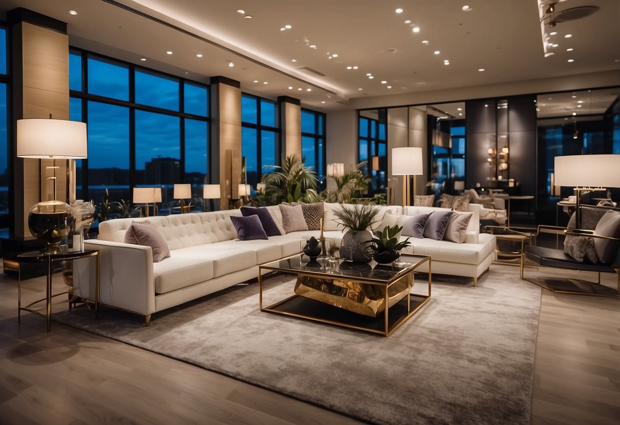 A showroom filled with modern furniture displays and elegant decor. Bright lighting highlights the sleek designs and luxurious materials
