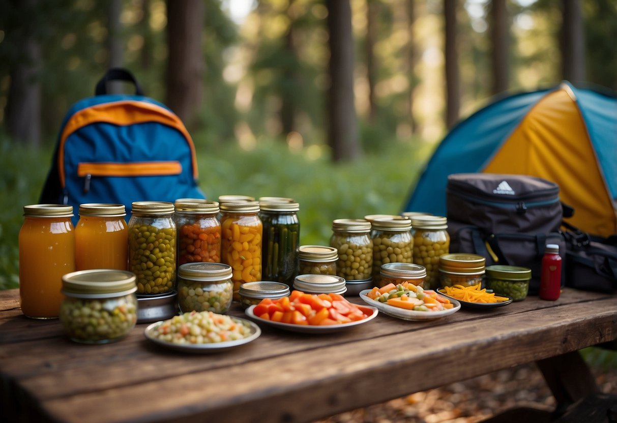 A colorful array of canned fish, vegetables, and spices arranged on a campsite table. A backpack and hiking boots sit nearby, hinting at an outdoor adventure