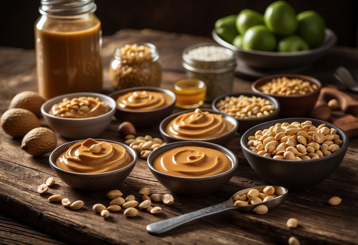 A collection of 10 peanut butter packets arranged on a rustic wooden table, surrounded by various backpacking meal ingredients and utensils