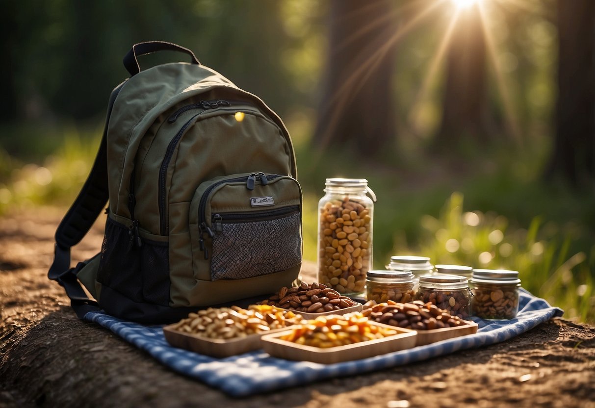 A backpack sits on the ground, open and filled with various bags of trail mix, along with other easy-to-pack meals. The sun shines down on the scene, casting a warm glow over the food