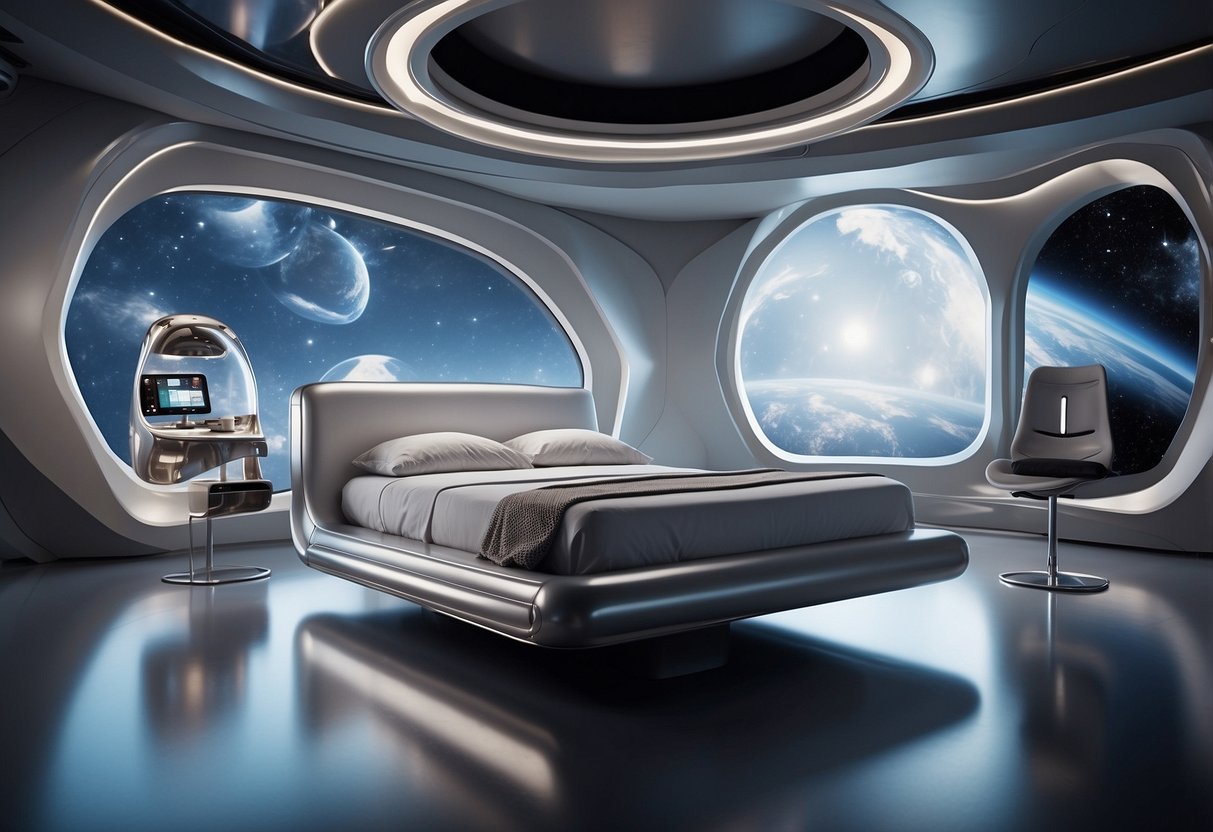 A sleek, silver bed floats in a zero-gravity environment surrounded by futuristic space furniture