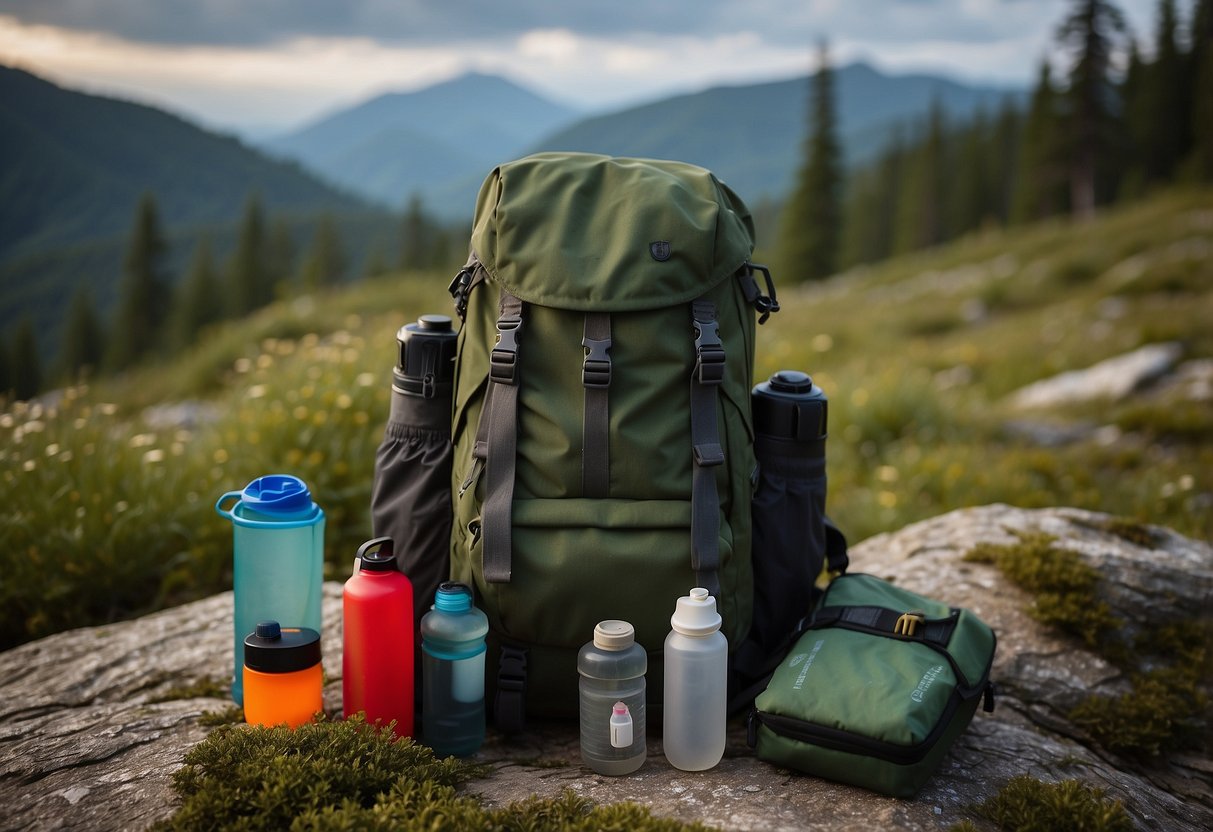 A backpack sits on the ground surrounded by a compass, map, first aid kit, and water bottle. A flashlight and whistle hang from the straps. The scene is set in a peaceful, remote wilderness