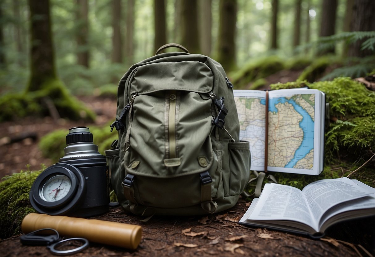 A map, compass, and flashlight lay on a backpack next to a tent pitched in a secluded forest clearing. A notebook with "8 Safety Tips for Solo Backpacking" written on it sits nearby