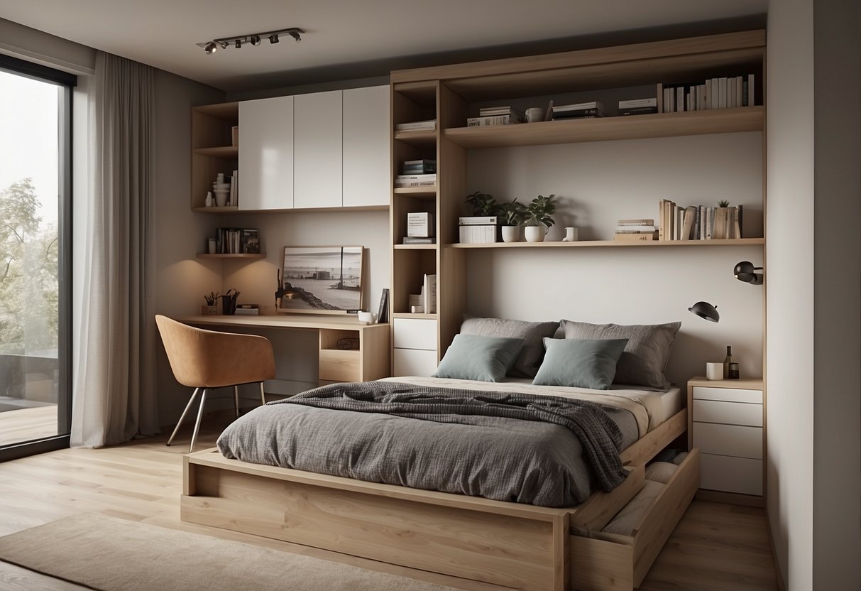 A compact bedroom with a space-saving bed tucked neatly into the wall, surrounded by multi-functional furniture and clever storage solutions