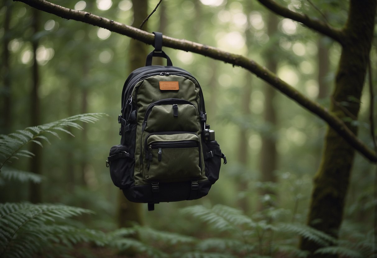 A backpack with a personal safety alarm attached hangs from a tree branch in a serene forest setting. The alarm is visible and easily accessible to the solo backpacker