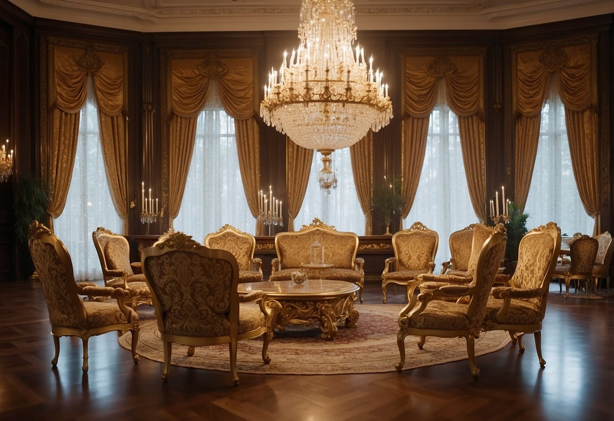 A grand royal furniture group fills a spacious, ornate chamber. Richly adorned chairs, tables, and cabinets create an opulent and regal atmosphere