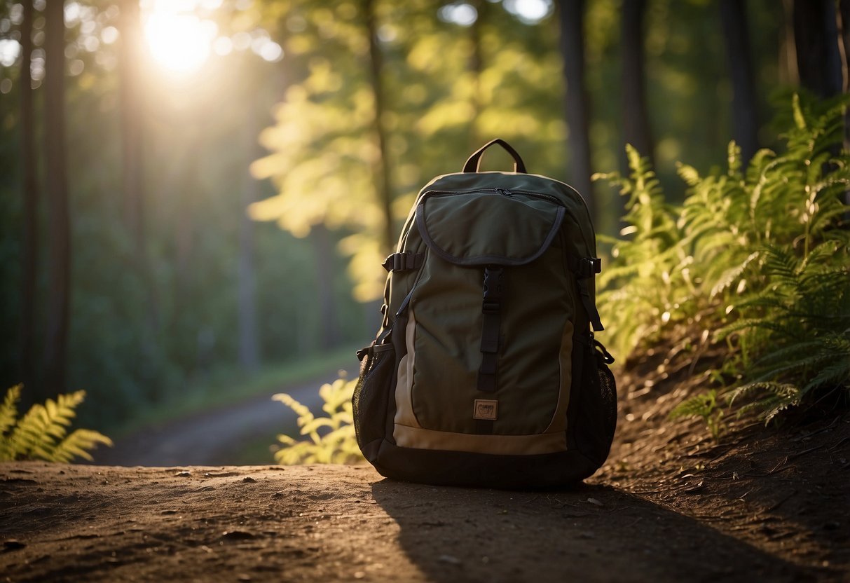 A lone backpack sits on a trail, surrounded by towering trees. The sun sets in the distance, casting long shadows across the path. A sign warns against hiking in the dark