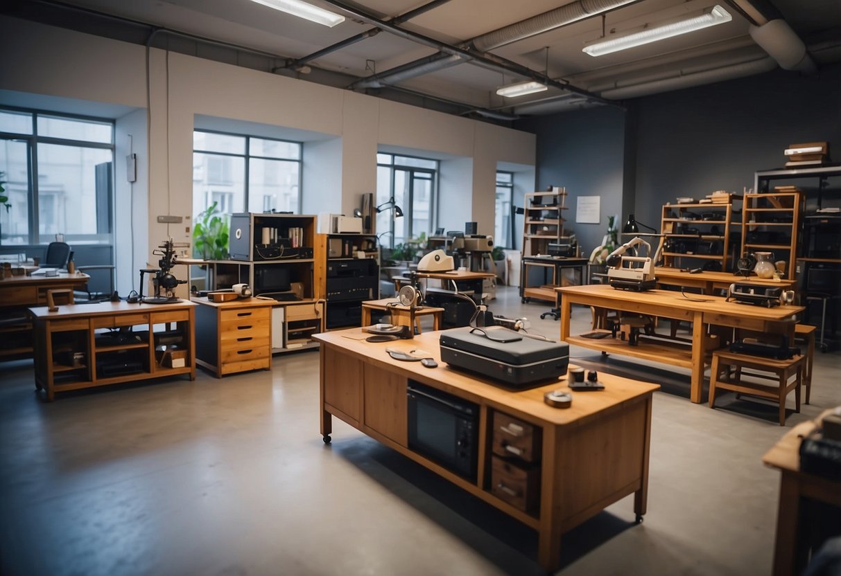 A room filled with various types of furniture being tested for durability and comfort, with testers inspecting and trying out different pieces