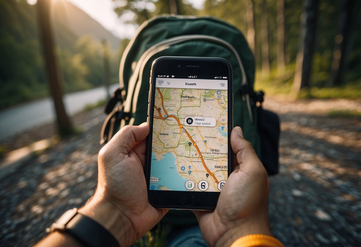 A person's hand holding a map with emergency numbers, surrounded by outdoor gear and a backpack