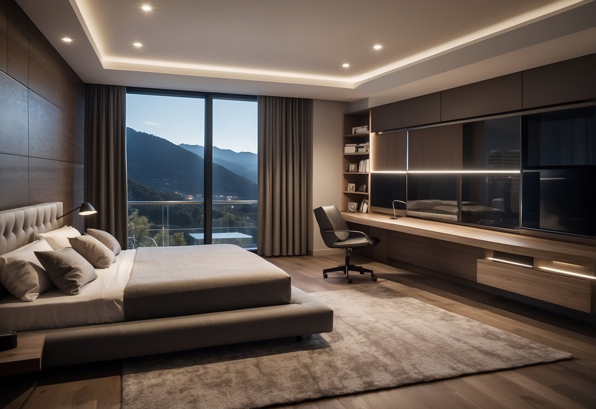 A modern bedroom with space-saving furniture, sleek beds, and functional design elements