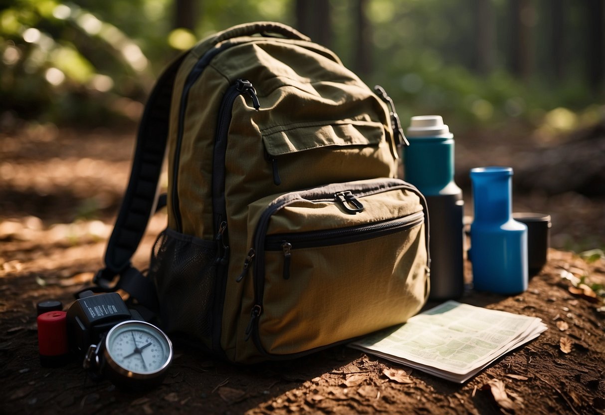 A backpack lies open on the ground, filled with essential gear. A map, compass, and first aid kit are laid out next to it. The sun is setting behind a dense forest, casting long shadows