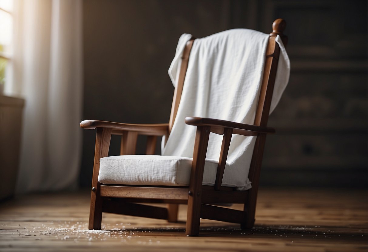 A wooden chair is being painted white with a brush and can of paint on a drop cloth
