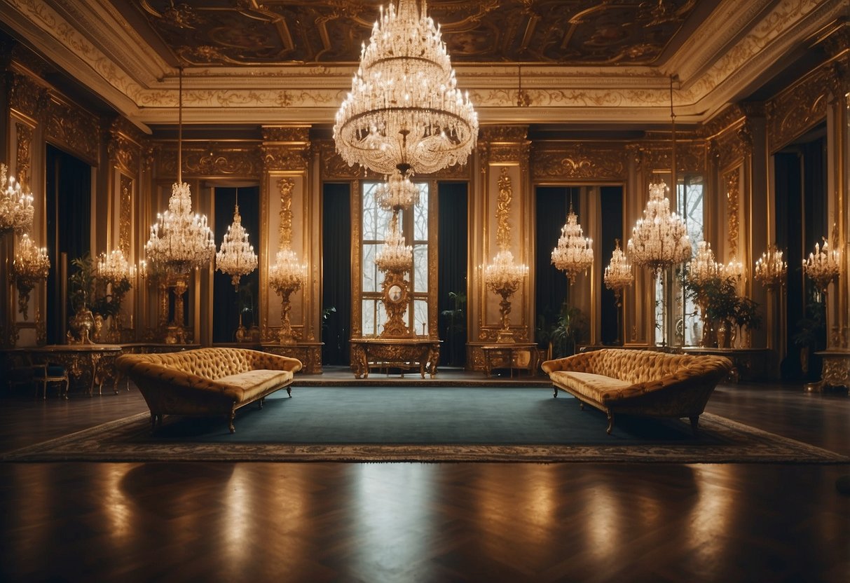 A grand hall filled with ornate thrones, gilded cabinets, and luxurious chandeliers, showcasing the opulence of the royal furniture collection