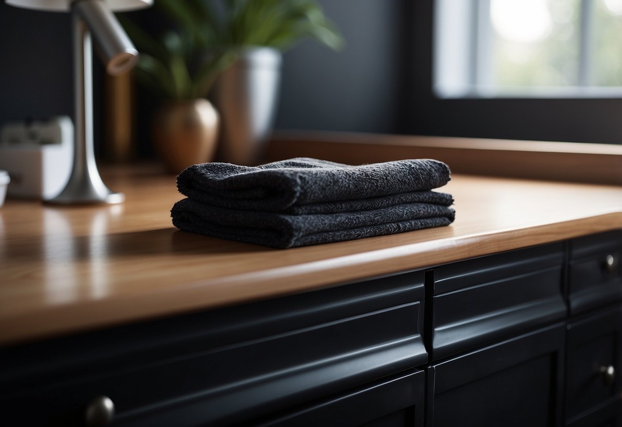 A microfiber cloth wipes down a sleek black dresser, removing dust particles in a well-lit room