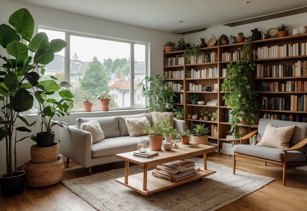 A cozy living room with a modern sofa and coffee table, surrounded by shelves filled with books and decorative items. A large window lets in natural light, and a potted plant adds a touch of greenery