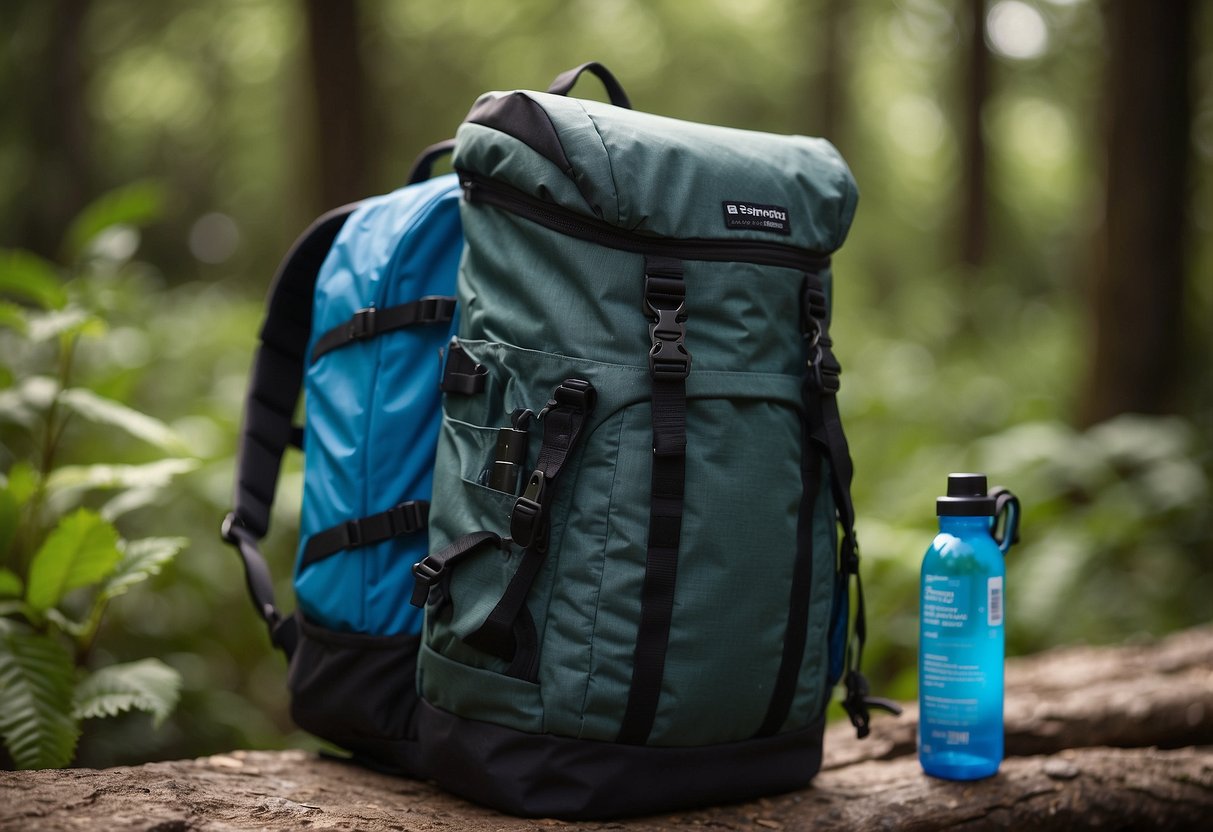 A backpacker packing reusable water bottle, solar charger, biodegradable soap, and compostable utensils into eco-friendly backpack