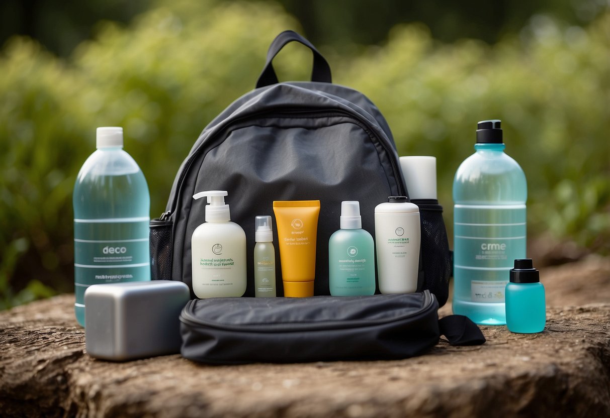 Various biodegradable toiletries arranged neatly in a backpack, surrounded by eco-friendly items like reusable water bottles and solar-powered chargers