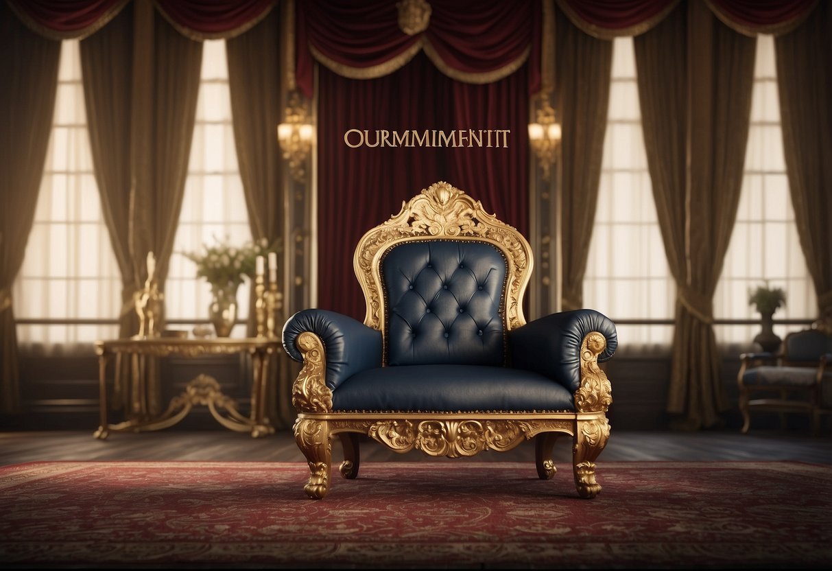A regal throne surrounded by elegant, ornate furniture. A banner with "Our Commitment to Service and Value" hangs above