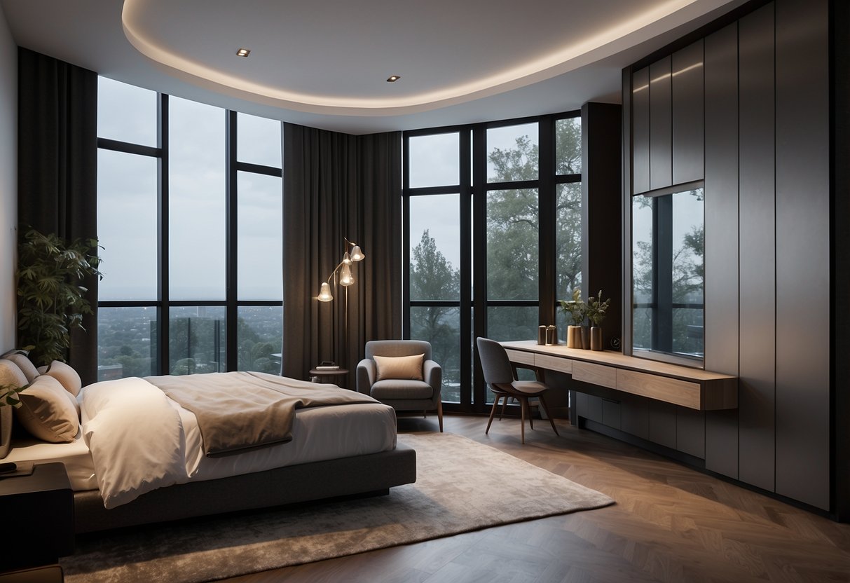 A modern bedroom with sleek furniture, including a comfortable bed, and a designated space for frequently asked questions materials