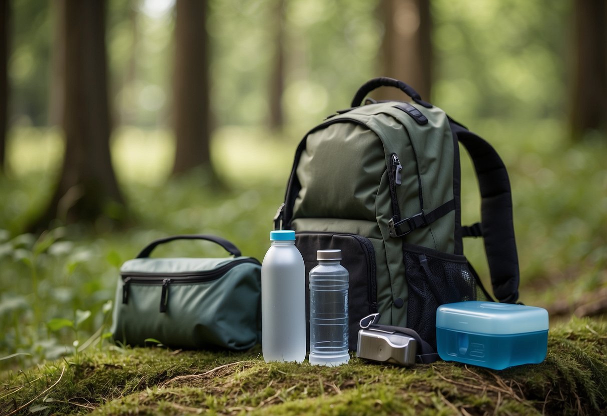 A backpack with reusable water bottle, solar charger, biodegradable soap, and eco-friendly utensils laid out on a grassy clearing in the forest