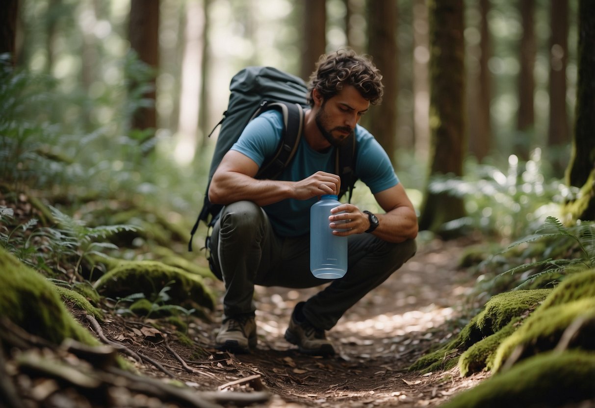 A backpacker picking up trash along a forest trail, using a reusable water bottle, packing out all waste, using biodegradable soap, and supporting local businesses