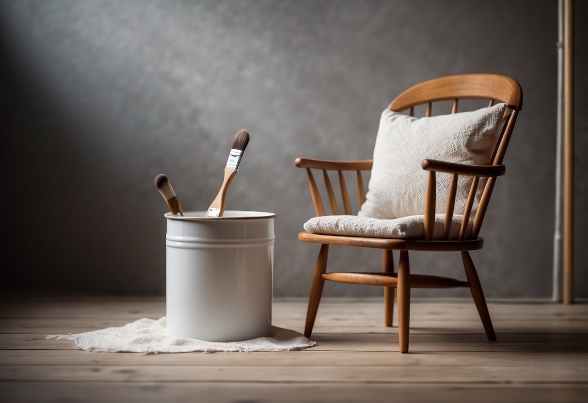 A wooden chair sits on a drop cloth, sanded and primed. A can of white paint and a brush are ready nearby