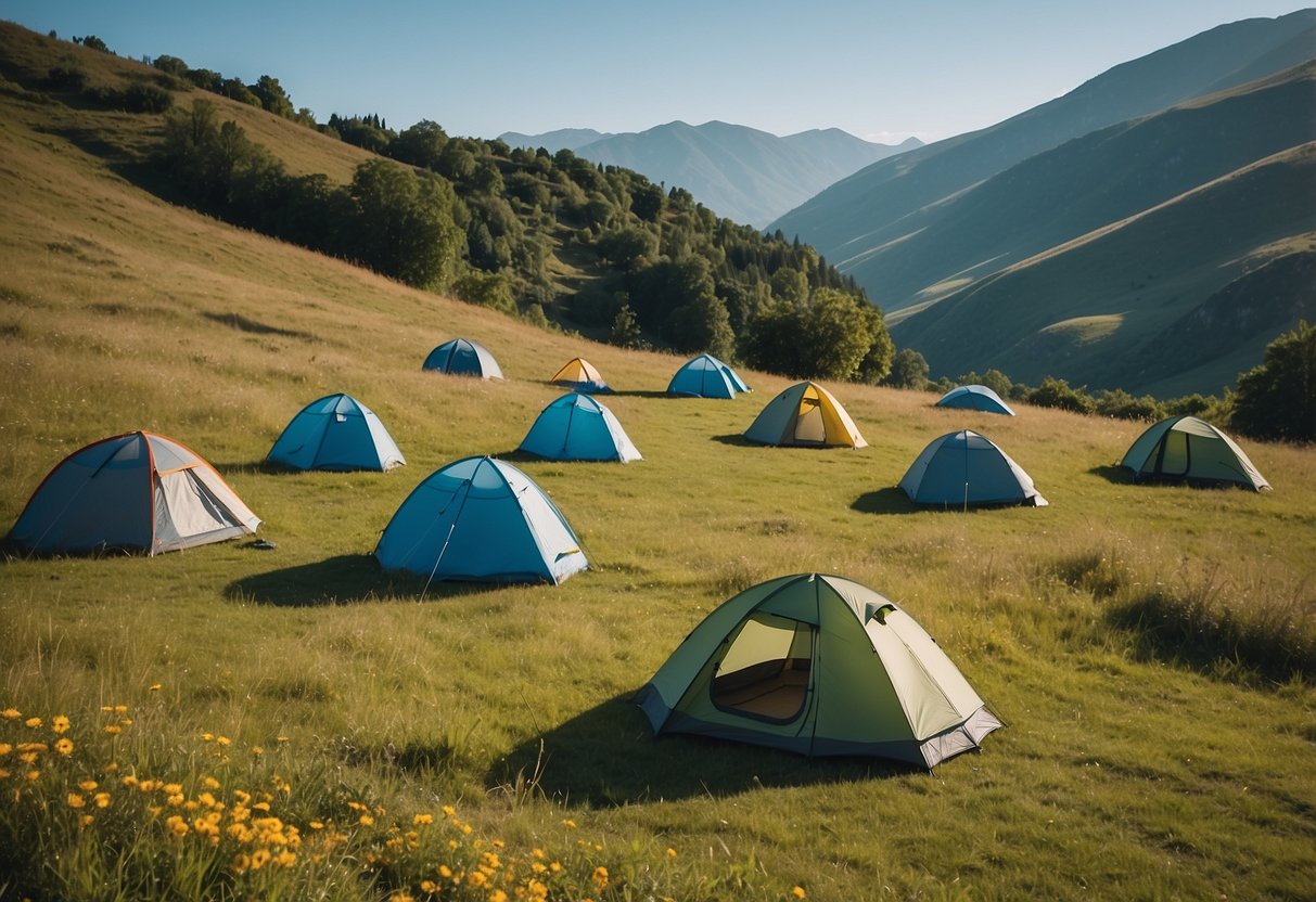 A group of colorful lightweight tents scattered across a lush green mountain meadow, with a clear blue sky and a winding trail in the background