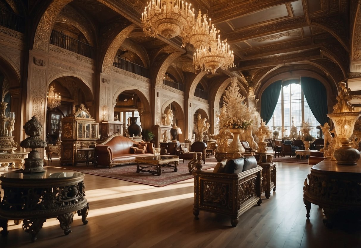 A grand hall filled with elegant furniture, adorned with ornate carvings and luxurious fabrics. Customers and staff engage in conversation and exploration of the exquisite pieces on display