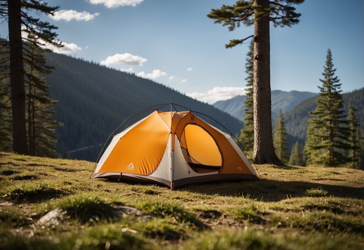 A NEMO Dagger 2P tent stands on a grassy knoll, surrounded by towering trees and a clear blue sky. Its lightweight design and compact size make it ideal for backpacking adventures