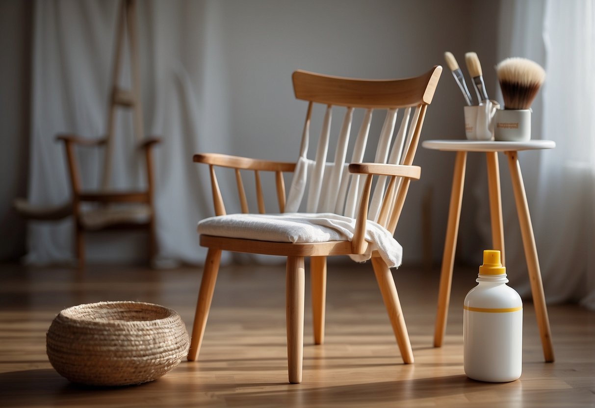 A wooden chair being painted white with a brush and can of paint, set against a drop cloth in a well-lit room