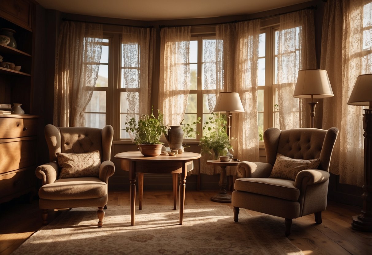 A cozy living room with a handcrafted wooden table, vintage chairs, and a weathered cabinet. Sunlight filters through lace curtains onto the warm, earthy tones of the furniture
