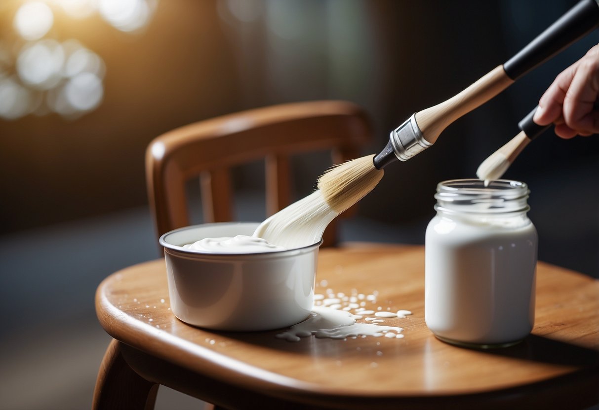 A wooden chair being painted white with a brush and can of white paint nearby
