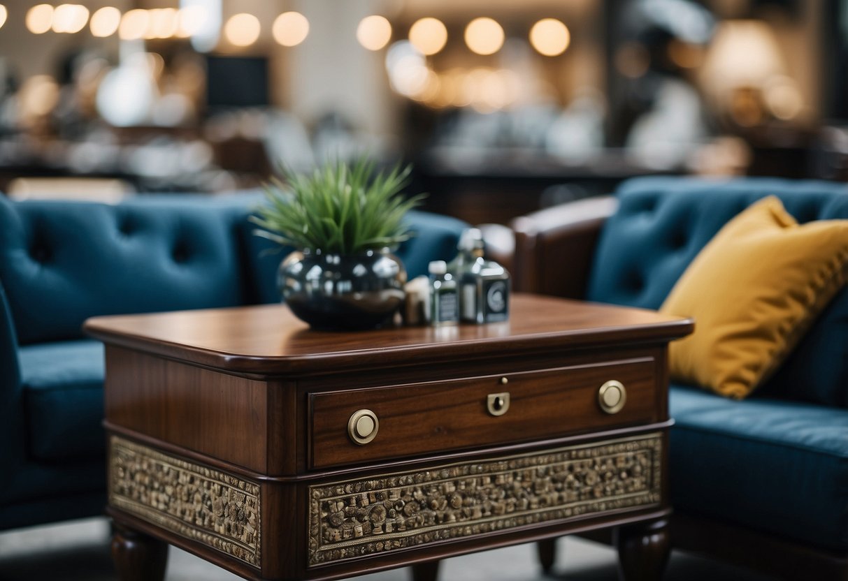 Furniture arranged neatly, polished surfaces, and price tags attached
