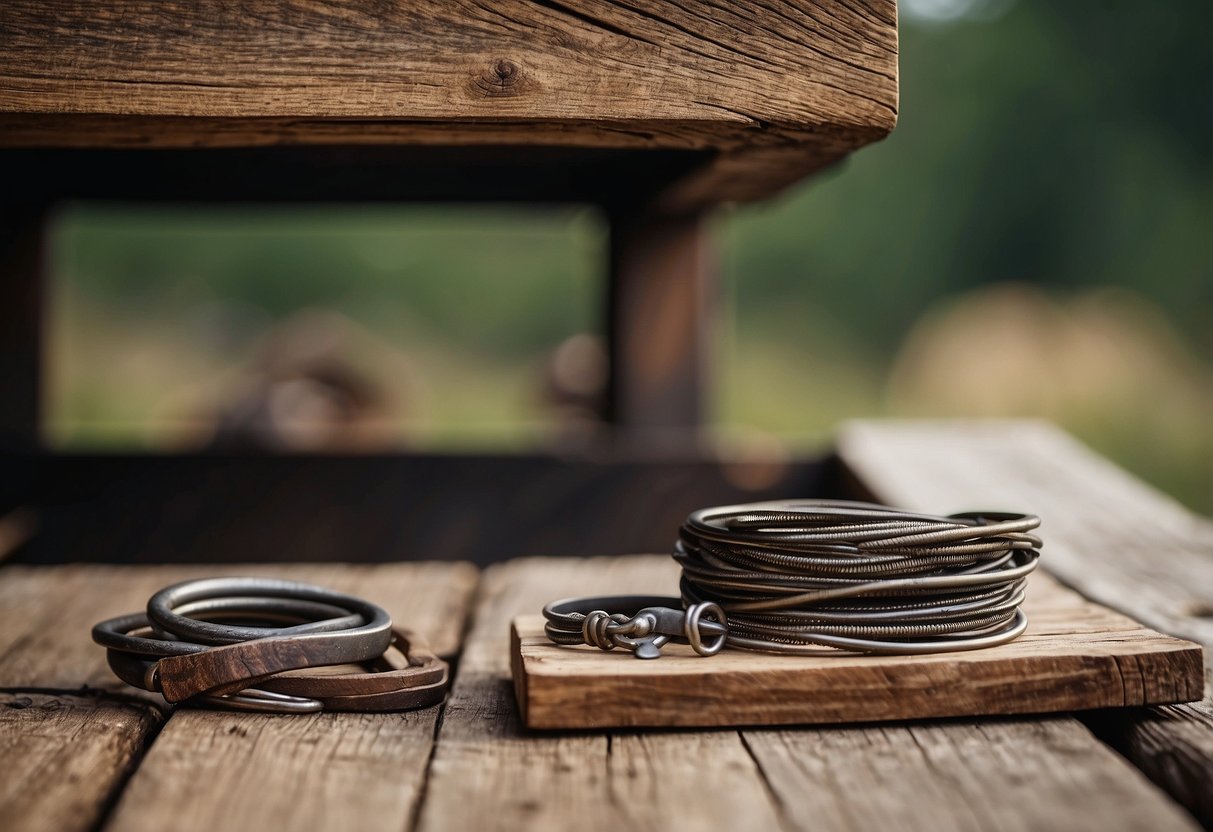 A wooden table with a rough, textured surface sits next to a stack of weathered, reclaimed wood planks and a pile of aged metal hardware