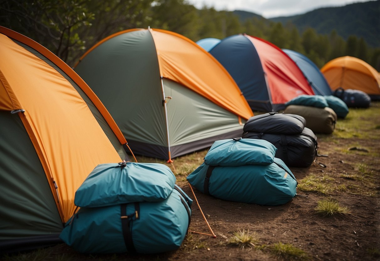 A group of lightweight tents arranged in a rugged outdoor setting, showcasing their durability and materials for backpacking