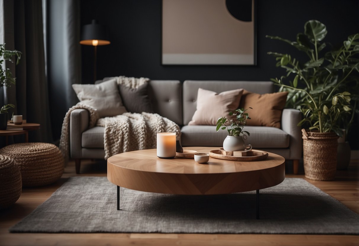 A cozy living room with a sleek sofa and a stylish coffee table, adorned with soft cushions and a warm throw blanket