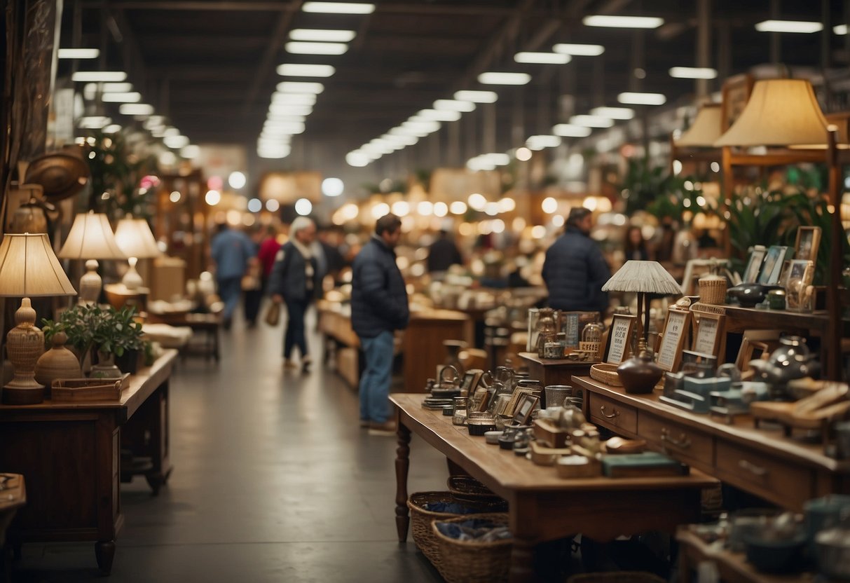 A bustling furniture market with various vendors showcasing their wares. Customers browse and negotiate prices, while sellers promote their items. Signs display "For Sale" and "Discounts" in bold letters