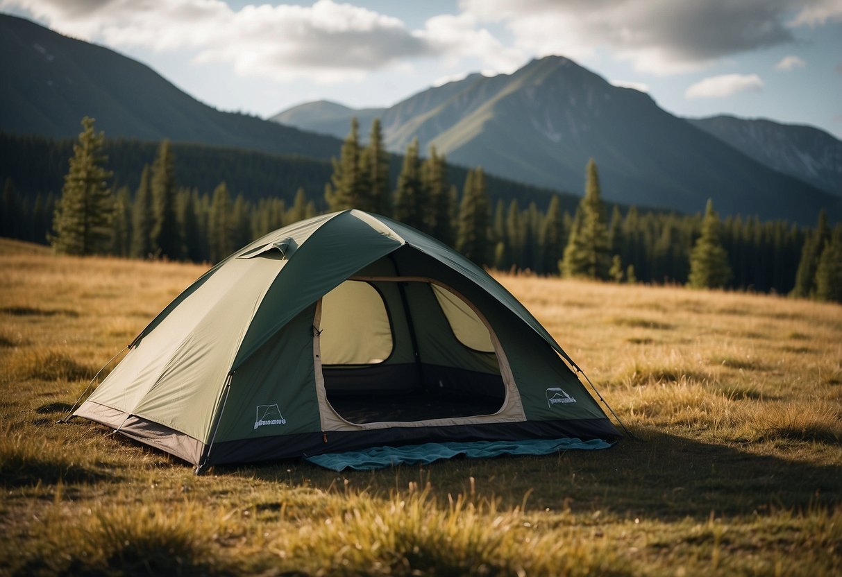 A spacious, lightweight tent stands against a picturesque backdrop, offering comfort and convenience for backpackers