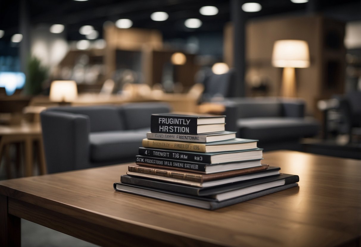 A stack of furniture with a "Frequently Asked Questions" sign next to it. Customers browsing and pointing at items