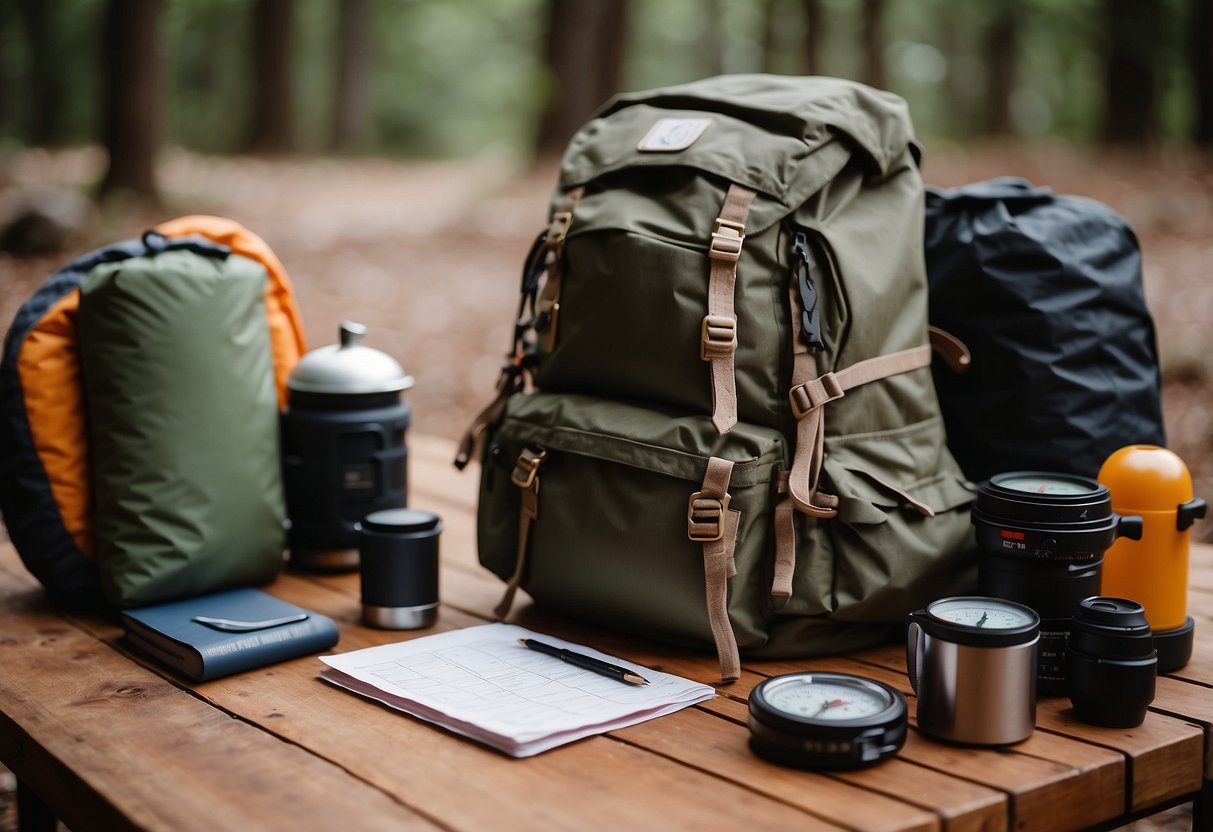 A backpack, map, and compass lay on a wooden table. A tent, sleeping bag, and cooking stove are neatly arranged nearby. A checklist and guidebook sit next to a backpack, ready for planning a multi-day backpacking trip