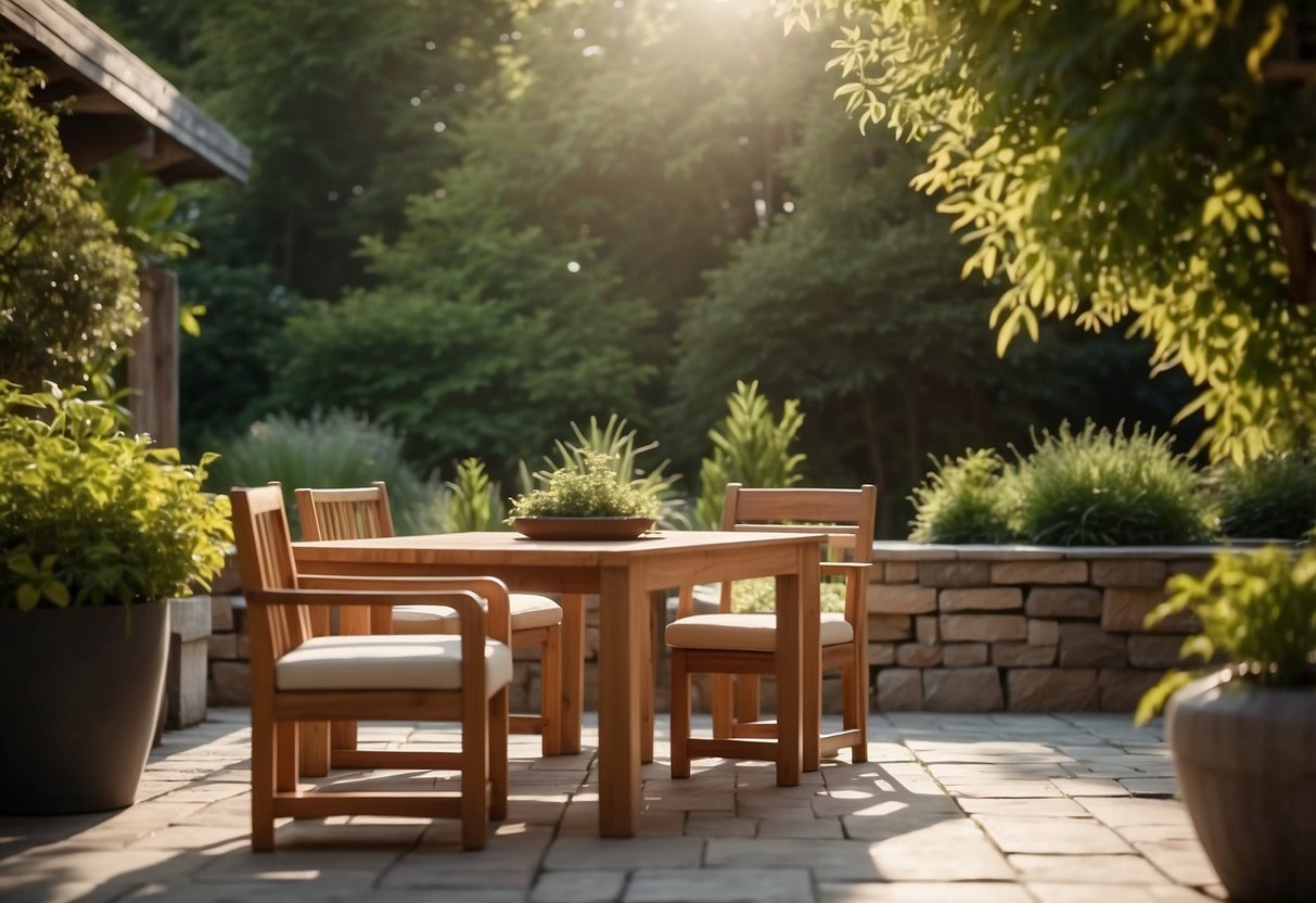 Solid wood outdoor furniture arranged on a stone patio, surrounded by lush greenery and bathed in warm sunlight
