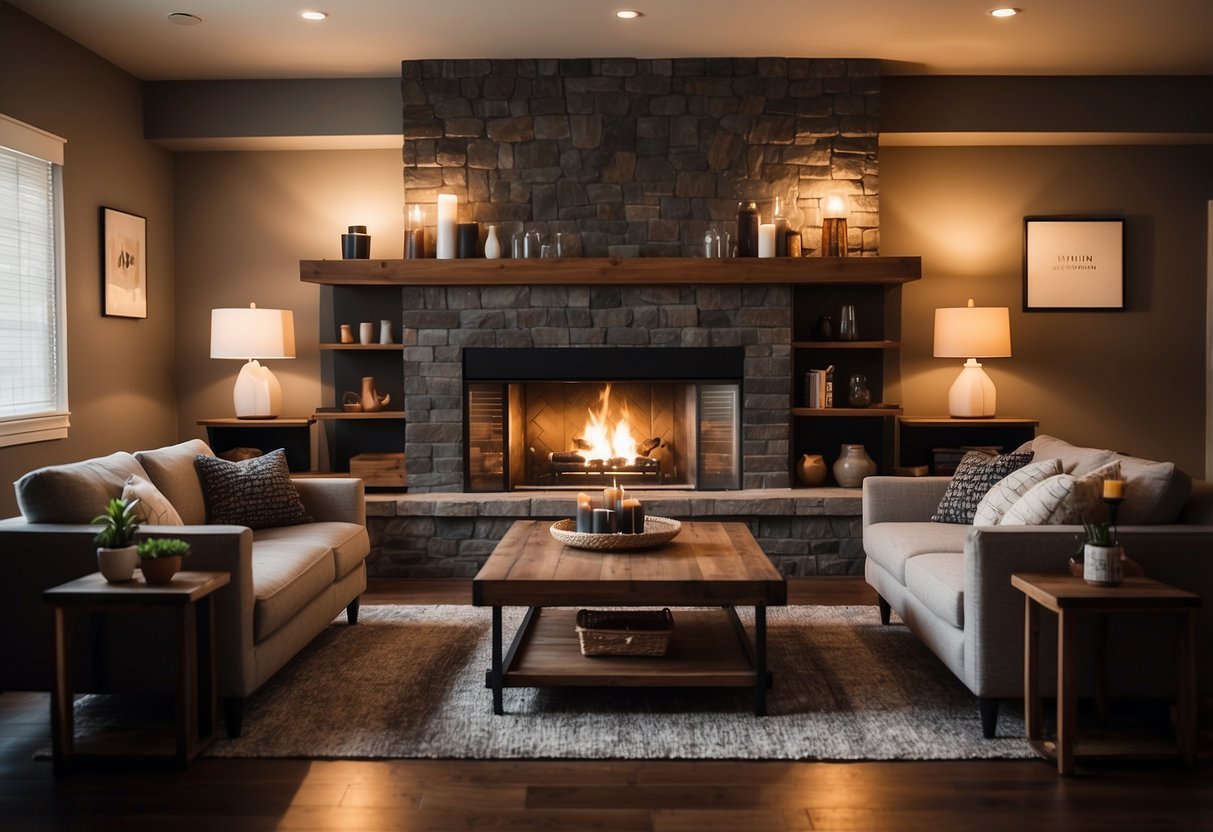 A cozy living room with wooden tables, chairs, and shelves. A warm fireplace and soft lighting create a welcoming atmosphere