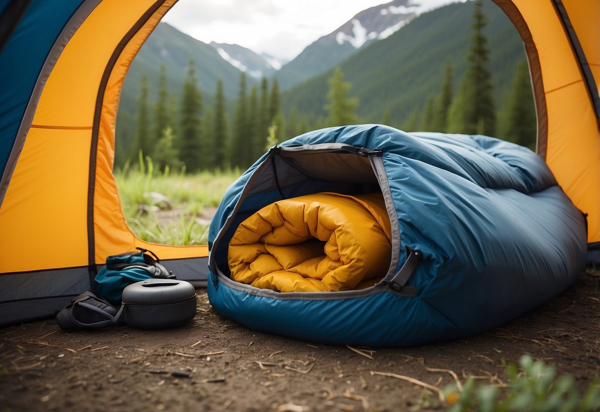 A sleeping bag lies unrolled in a tent, surrounded by backpacking gear. Mountains and trees are visible through the open tent flap