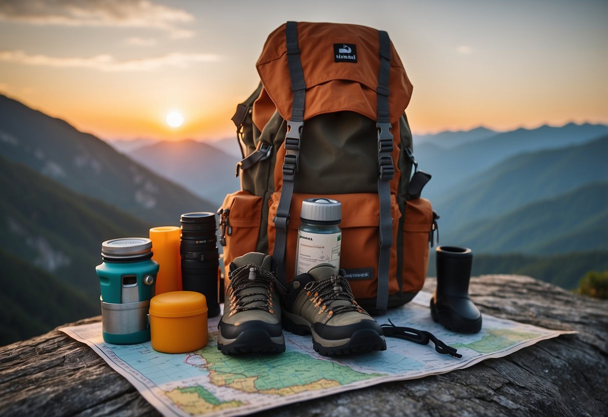 A backpack and camping gear laid out on a map, surrounded by hiking boots, a compass, and a first aid kit. Sunrise over a mountain range in the background