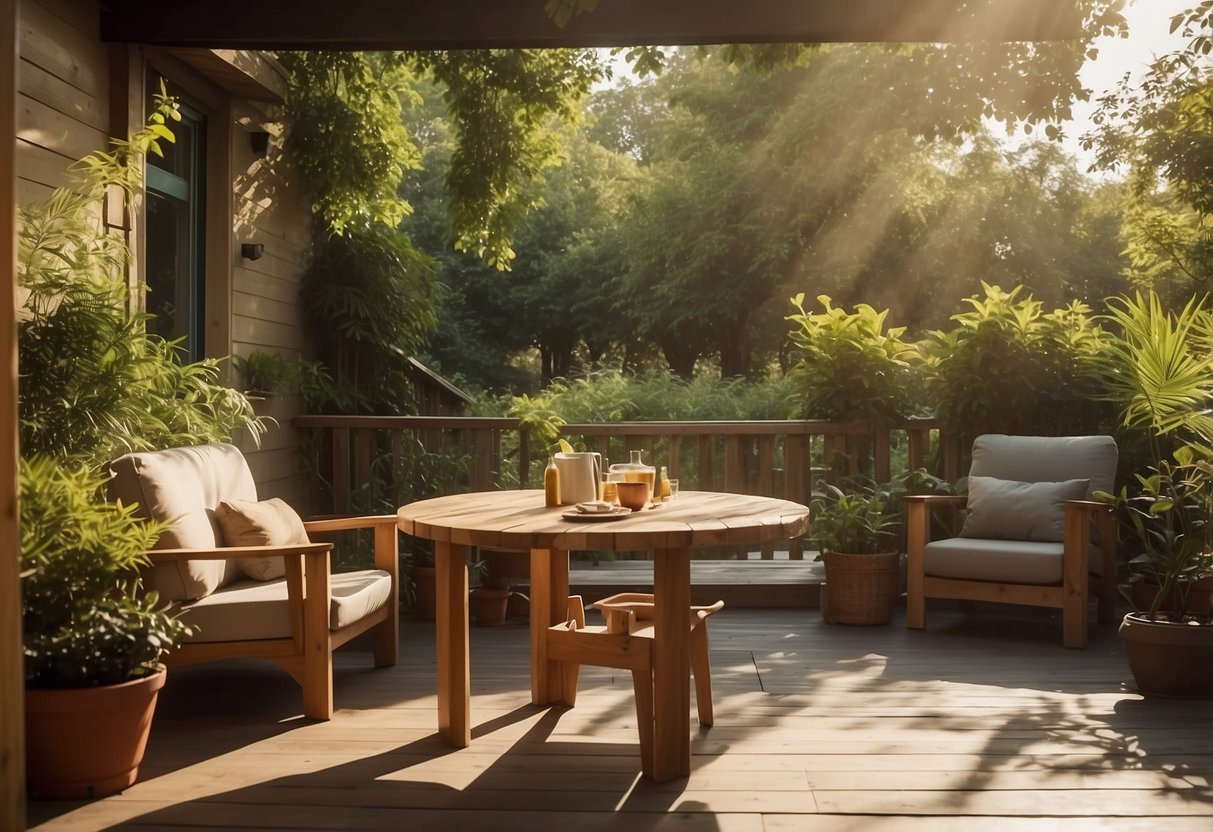 A sturdy wooden table and chairs sit on a patio, surrounded by lush greenery and bathed in warm sunlight