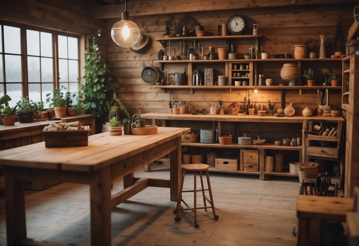 A cozy workshop with handcrafted wooden furniture, tools hanging on the wall, and a table displaying finished pieces