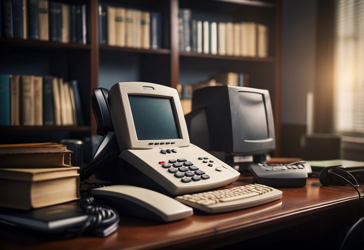 A desk with a computer, chair, filing cabinet, and a landline phone on top. A bookshelf filled with binders and books. Traditional office decor