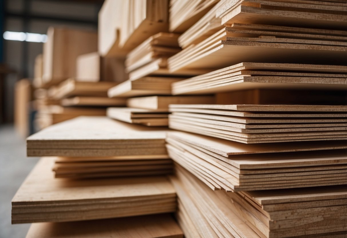 Various plywood sheets stacked in a workshop, labeled birch, oak, and maple. Tools and sawdust scattered around