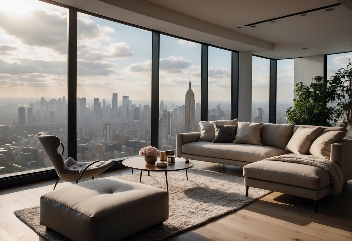 A cozy living room with a sleek, modern sofa, a stylish coffee table, and a chic floor lamp. The room is filled with natural light and features a stunning view of the city skyline