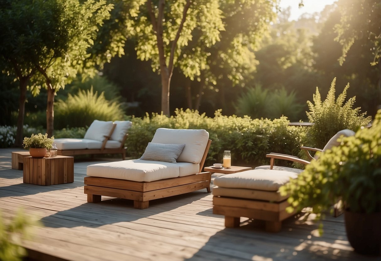 A serene outdoor space with solid wood furniture, surrounded by lush greenery and bathed in warm sunlight